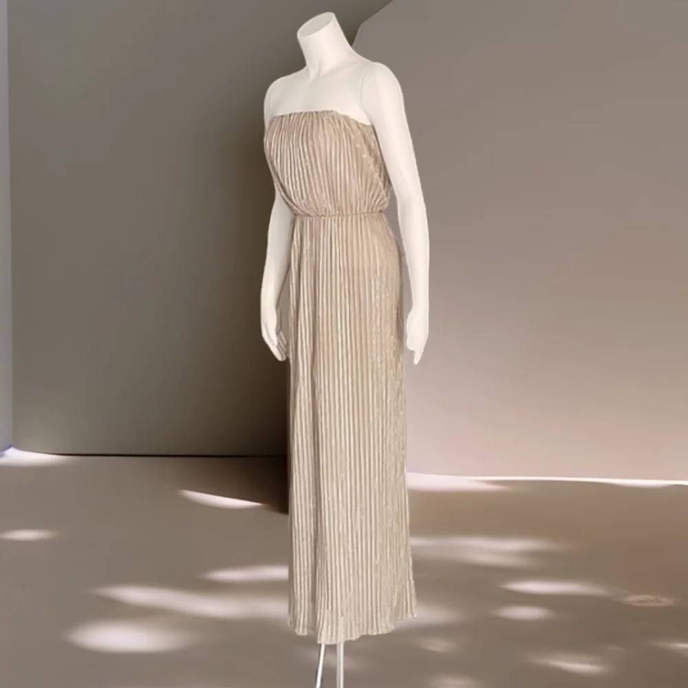 THE LIMITED Champagne Maxi Dress XS Shimmer Tube Top Strapless All Over Pleated